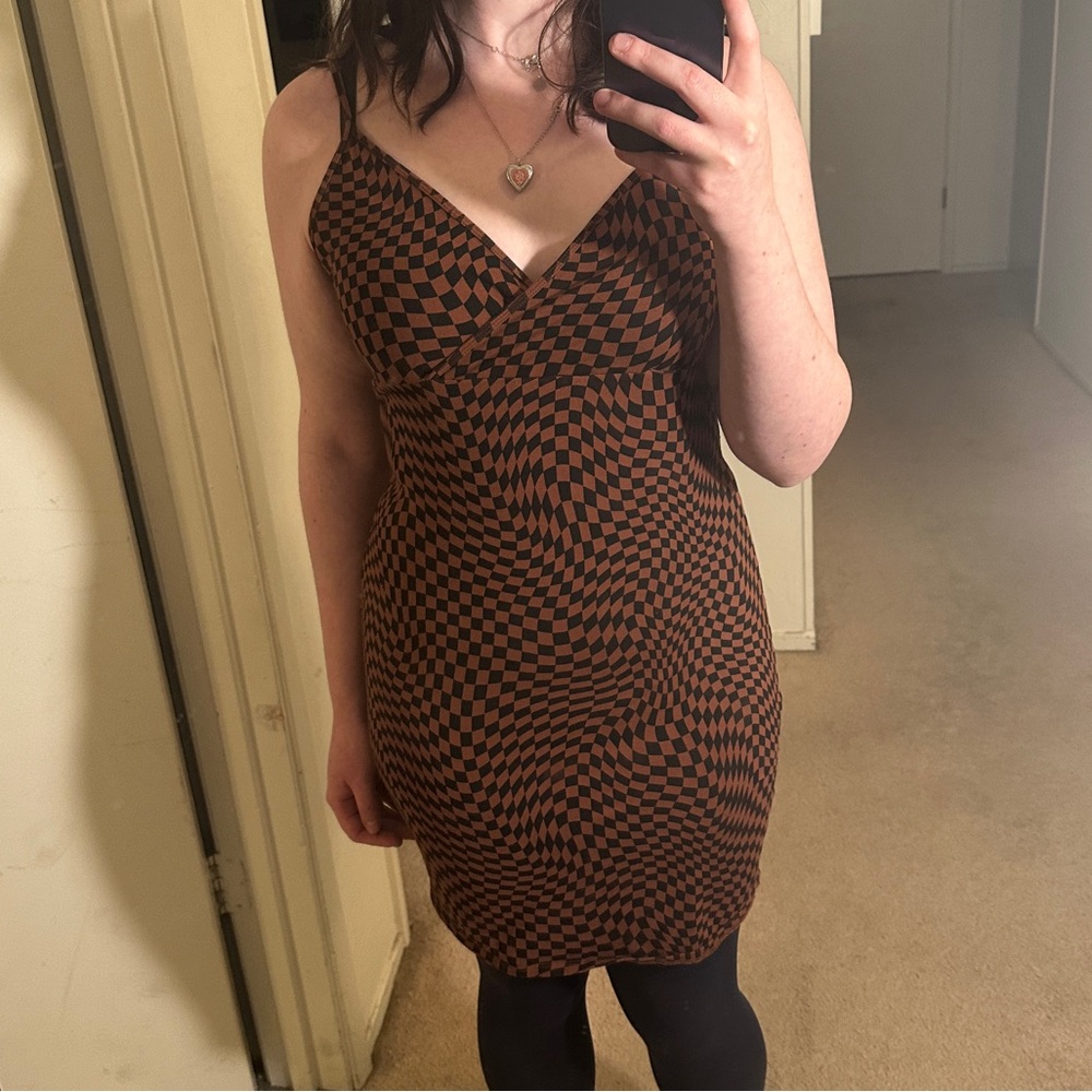 Elegant Brown Checkered Dress